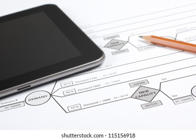 Printed Decision Tree (new Factory Capacity Expansion), Digital Tablet And Pencil. Workplace Of Manager Making Decision About Strategy.