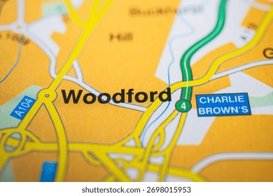Printed map macro view focusing on Woodford and surrounding roads London
