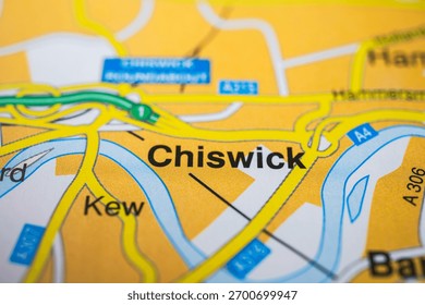 Printed map section highlighting Chiswick and nearby Kew London area