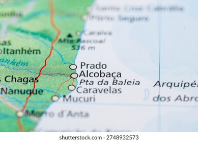 Printed map section of Prado Alcobaca and Caravelas Bahia Brazil