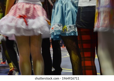 Printed And Very Colorful Round Skirts During Dance At Festa Junina Or June Party Translated Into English. Blur Background.