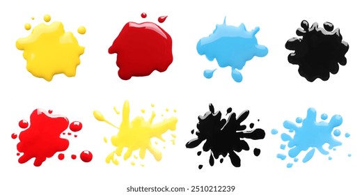 Printer ink of different colors. Set of spots isolated on white, top view