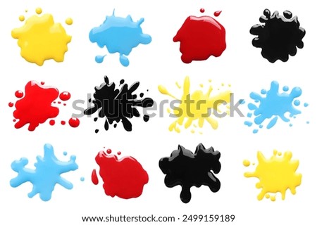 Printer ink of different colors. Set of spots isolated on white, top view