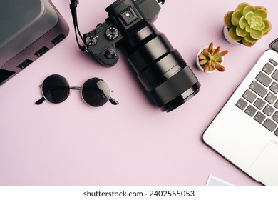 Printer, laptop and camera on table close up. Printing photos