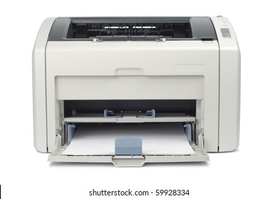 Printer With Paper Isolated On White Bacground. Clipping Path. Front View.