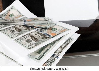 Printer And Printed US Dollars, Counterfeit Banknotes, Currency Counterfeiting. Counterfeiters, Printing Press, Inflation.