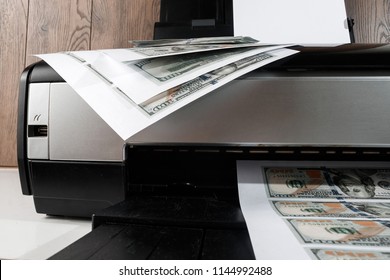 Printer And Printed US Dollars, Counterfeit Banknotes, Currency Counterfeiting. Counterfeiters, Printing Press, Inflation.