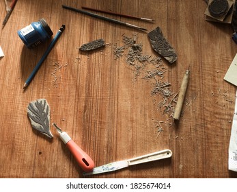 Printmaking Tools On The Table For DIY Home Art Project