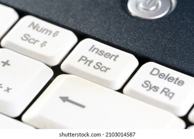 Printscreen Key, Print Screen Button, Screen Capture Key On A Laptop Computer Keyboard, Object Macro Extreme Closeup Making A Screencap Screenshotting, Saving A Digital Display Image, Picture Concept