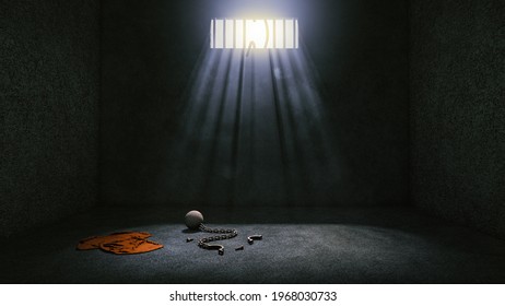 Prison with broken prison bars after prisoner escape and leaves prison uniform, ball and chain in prison room. Jailbreak or escape concept.