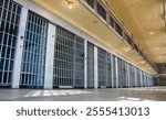 A prison cell block with many cells and bars. The bars are very tall and the windows are small