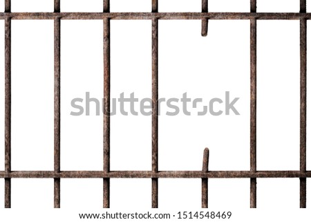 Prison cell with broken old prison bars isolated on white background, way out to freedom