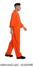 Prisoner In Orange Jumpsuit On White Background