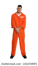 Prisoner In Orange Jumpsuit On White Background