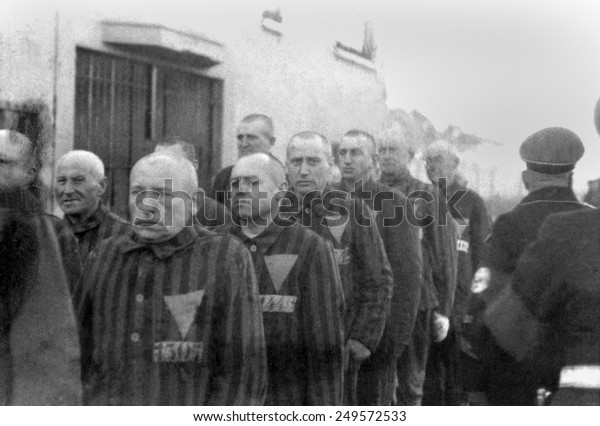 Prisoners in the concentration camp at\
Sachsenhausen, Germany, Dec. 19, 1938. The political prisoners\
included anti-Nazi dissidents, Communists, Homosexuals, Jehovah\'s\
Witnesses, and\
Pacifists.