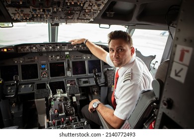 Pristina, Kosovo - September 5th 2021: A Boeing 737 pilot in the aircraft flight deck.
