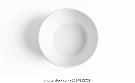 A pristine, empty, white oval ceramic bowl sits on a stark white background. The overhead shot showcases its smooth, simple design and clean lines. Perfect for food photography.