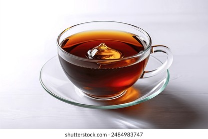 A pristine glass cup filled with rich black tea, artfully garnished with a dollop of golden honey - Powered by Shutterstock