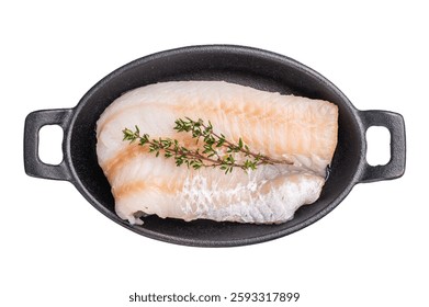Pristine raw cod fillet, waiting to be marinated and cooked to perfection for a delightful dining experience. isolated on white background. top view.