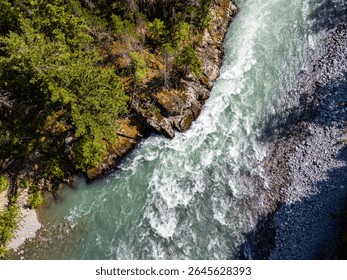 Pristine river flows through a dense forest, showcasing natural beauty in BC, Canada.