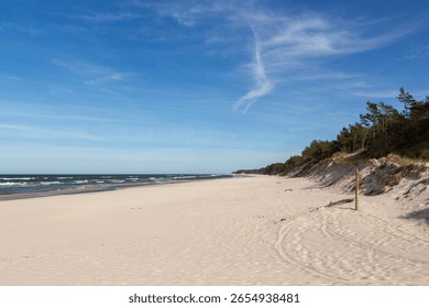 Pristine Sandy Beach with Blue Sky and Ocean Waves