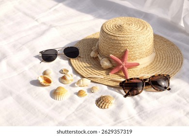 a pristine white background showcasing a curated collection of summer beach essentials - Powered by Shutterstock - Get 15% off with code: PIKWIZARD15