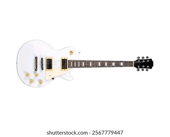Una impecable guitarra eléctrica blanca con herrajes dorados y clavijas de afinación negras, expuesta sobre un fondo blanco minimalista, que encarna la elegancia musical,