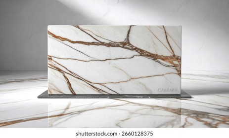 A pristine white marble slab featuring dramatic, flowing golden-brown veining is showcased against a textured grey wall and a highly reflective surface, creating a luxurious and sophisticated display.