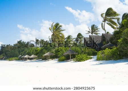 Pristine white sandy beach in Matemwe, Zanzibar, Tanzania, featuring traditional wooden sun umbrellas and tropical palm trees in the background. The bright white sand, natural beach shelters, and lush vegetation create a peaceful tropical setting, showcasing the relaxed atmosphere and natural beauty of this idyllic island destination.