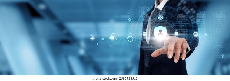 Privacy: Businessman touching the Privacy icon and global technological Networking. Confidentiality, Data Protection, Security Measures. - Powered by Shutterstock - Get 15% off with code: PIKWIZARD15