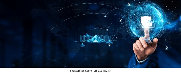 Privacy: Hand touching global network connection and data exchanges, technology structure. Innovation networking on dark background. data protection, confidentiality, security measures.