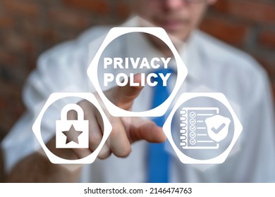 Privacy Policy Business Concept. Service Documents and Terms of use. Businessman using virtual touchscreen presses privacy policy inscription.