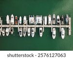 Private boat top view. Marina with luxury sea boat. Yacht club and marina in Miami. Luxury marina with private yacht boat. Docked yacht boat in harbor. Luxury summer vacation in Miami. Marina harbor