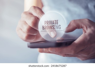 Private browsing concept, man using mobile phone to browse internet without recording history of activity, selective focus