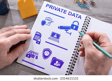 Private data concept drawn on a notepad placed on a desk