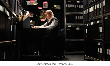Private detective reading files, checking forensic evidence reports on classified documents in incident room. Law officer undertaking investigatory services with witness statements, uncover clues.