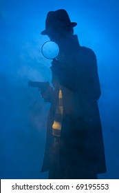 Private detective searching for information, isolated on a blue background