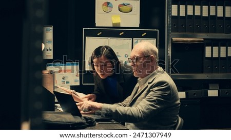 Private detectives identifying patterns in criminal behavior by analyzing archived records, working on federal case. Agents investigate authenticity of witness statements. Camera A.