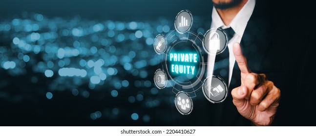 Private Equity Investment Business Concept, Young Businessman Hand Touching Virtual Screen Private Equity Icon On Blue Bokeh Background..