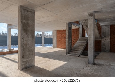 Private house construction, monolithic frame construction, empty room