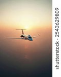 Private jet plane flying above city in beautiful sunset light. Modern and fastest mode of transportation, business life