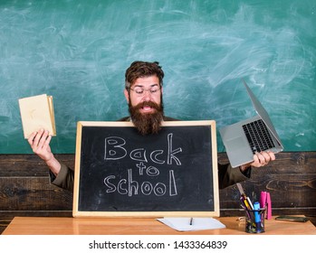 Private School Advertising Boost Enrollments. Teacher Welcomes Pupils Study Traditional And Modern Subjects. Study With Us. Teacher Or School Principal Welcomes Blackboard Inscription Back To School.