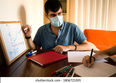 Private Teacher Pointing To The Blackboard And Looking At The Student With Mask