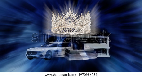 Prize Winning Award for Winner of Miss Beauty\
Queen Pageant Contest is Vehicle, Money, House, Diamond Crown,\
studio lighting abstract Blue\
background