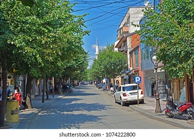 PRIZREN, KOSOVO - AUGUST 15, 2017 - Tree-lined Adem Jashari Street In The City Centre Of Prizren