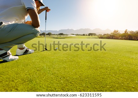 Pro golf player aiming shot with club on course. Male golfer on putting green about to take the shot.