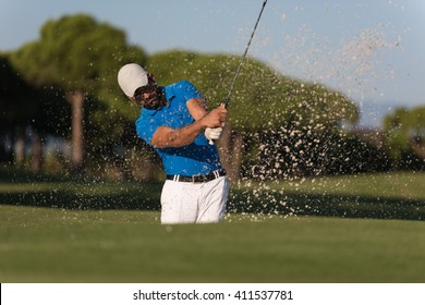 Pro Golf Player Shot Ball From Sand Bunker At Course