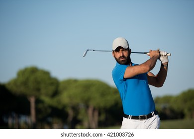 Pro Golf Player Shot Ball From Sand Bunker At Course