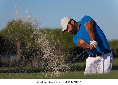 Pro Golf Player Shot Ball From Sand Bunker At Course