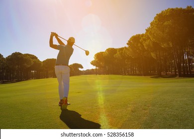 Pro Golf Player Shot Ball From Sand Bunker At Course